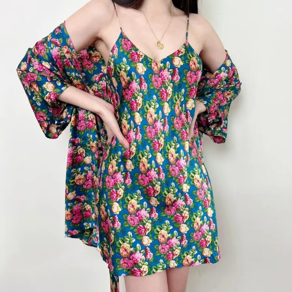 Victoria's Secret Gold Label Floral Silk Robe + Chemise Slip Dress 2-pc Set